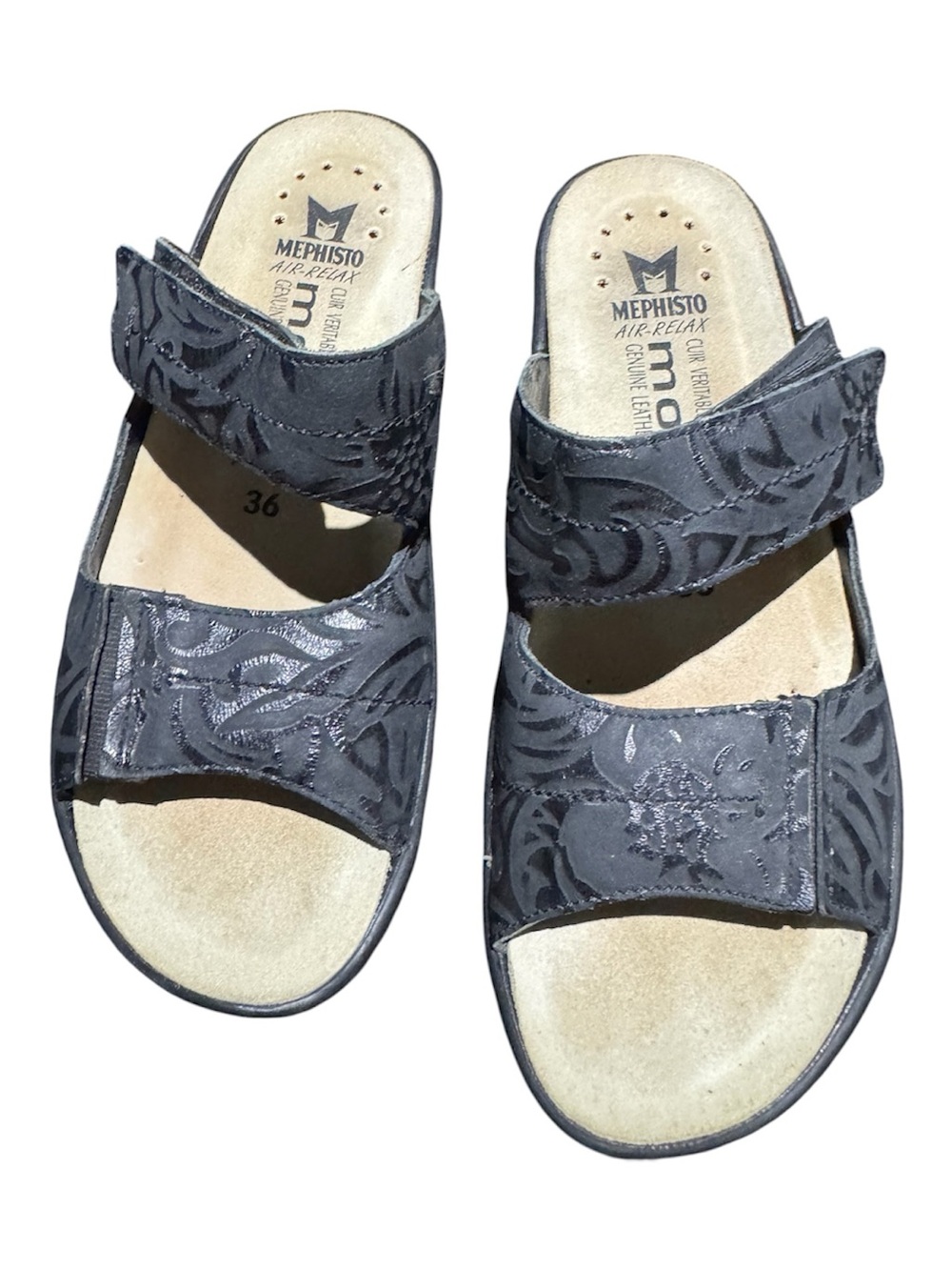 Mephisto Mobils Black Embossed Leather Double-Strap Comfort Sandals, Size 6